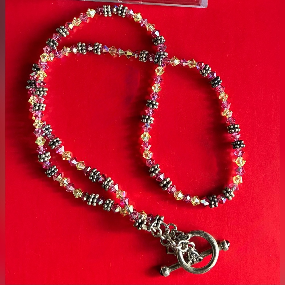 925 Silver Necklace,Pink and Yellow Crystal Bead Necklace with Silver Accents - Picture 6 of 10